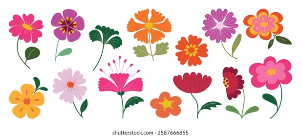 Collection of spring colorful flower elements vector. Set floral of wildflower, leaf branch, foliage on white background. Hand drawn blossom illustration for decor, easter, thanksgiving, clipart.