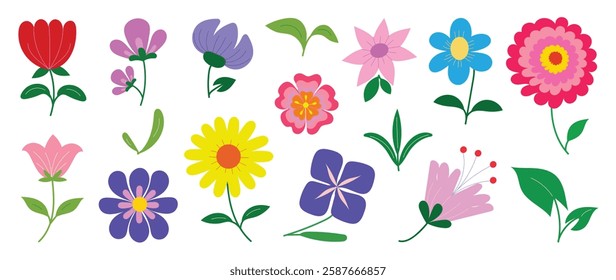 Collection of spring colorful flower elements vector. Set floral of wildflower, leaf branch, foliage on white background. Hand drawn blossom illustration for decor, easter, thanksgiving, clipart.