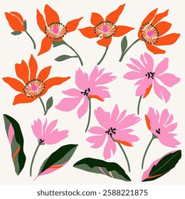 Collection of spring colorful flower elements vector. Set floral of wildflower, foliage on white background. Hand drawn blossom illustration for decor, poster, sticker, clipart, print and pattern.