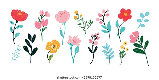 Collection of spring colorful flower elements vector. Set floral of wildflower, leaf branch, foliage on white background. Hand drawn blossom illustration for decor, easter, sticker, clipart, print.