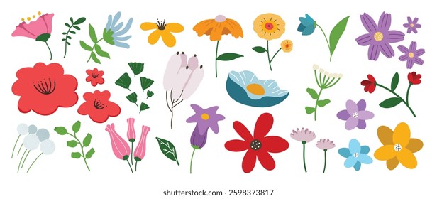 Collection of spring colorful flower elements vector. Set floral of wildflower, leaf branch, foliage on white background. Hand drawn blossom illustration for decor, easter, thanksgiving, clipart.