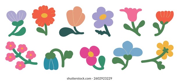 Collection of spring colorful flower elements vector. Set floral of wildflower, leaf branch, foliage on white background. Hand drawn blossom illustration for decor, easter, thanksgiving, clipart.