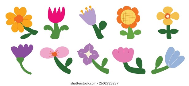 Collection of spring colorful flower elements vector. Set floral of wildflower, leaf branch, foliage on white background. Hand drawn blossom illustration for decor, easter, thanksgiving, clipart.