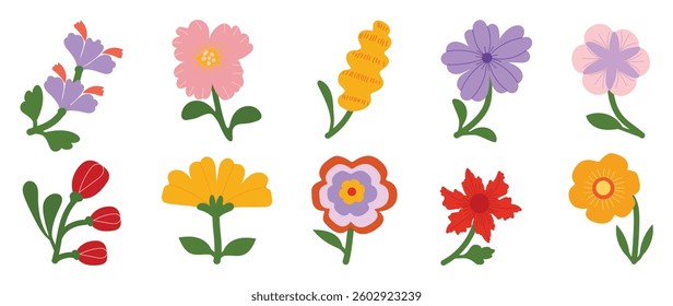Collection of spring colorful flower elements vector. Set floral of wildflower, leaf branch, foliage on white background. Hand drawn blossom illustration for decor, easter, thanksgiving, clipart.