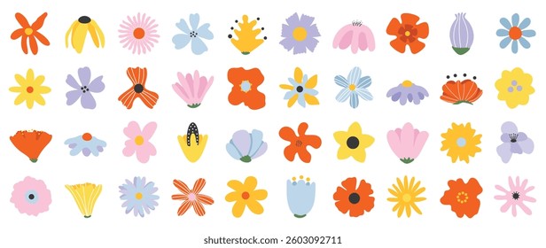 Collection of spring colorful flower elements vector. Set floral of wildflower, daisy, sunflower on white background. Hand drawn blossom illustration for decor, easter, sticker, clipart, print.