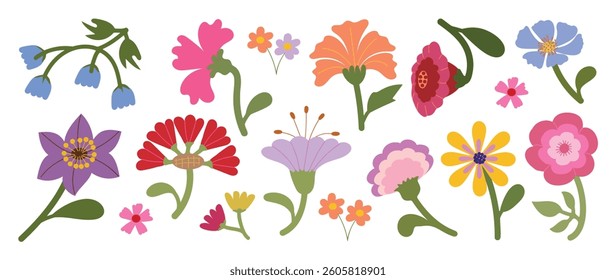 Collection of spring colorful flower elements vector. Set floral of wildflower, leaf branch, foliage on white background. Hand drawn blossom illustration for decor, easter, thanksgiving, clipart.
