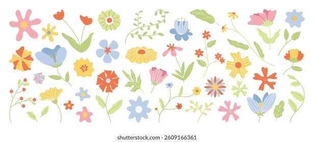 Collection of spring colorful flower elements vector. Set floral of wildflower, leaf branch, foliage on white background. Hand drawn blossom illustration for decor, easter, thanksgiving, clipart.