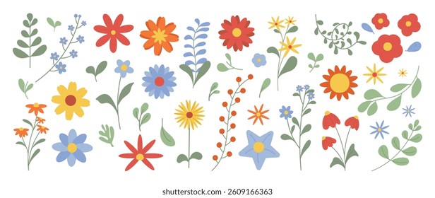 Collection of spring colorful flower elements vector. Set floral of wildflower, leaf branch, foliage on white background. Hand drawn blossom illustration for decor, easter, thanksgiving, clipart.