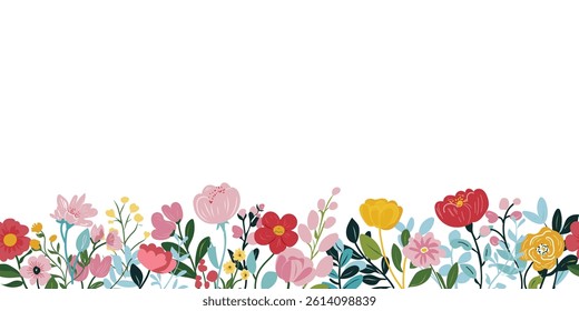 Collection of spring colorful flower elements vector. Floral boarder of wildflower, leaf branch, foliage on white background. Hand drawn blossom illustration for decor, easter, sticker, clipart