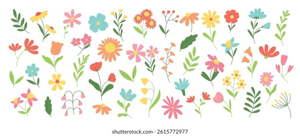 Collection of spring colorful flower elements vector. Set floral of wildflower, leaf branch, foliage on white background. Hand drawn blossom illustration for decor, easter, thanksgiving, clipart.