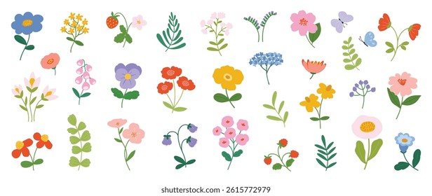 Collection of spring colorful flower elements vector. Set floral of wildflower, leaf branch, foliage on white background. Hand drawn blossom illustration for decor, easter, thanksgiving, clipart.