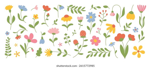 Collection of spring colorful flower elements vector. Set floral of wildflower, leaf branch, foliage on white background. Hand drawn blossom illustration for decor, easter, thanksgiving, clipart.