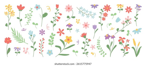 Collection of spring colorful flower elements vector. Set floral of wildflower, leaf branch, foliage on white background. Hand drawn blossom illustration for decor, easter, thanksgiving, clipart.