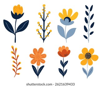 Colección de coloridos Elementos de flores de primavera. Conjunto floral de flores silvestres, rama de hoja, follaje sobre fondo blanco. Vector