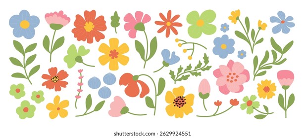 Collection of spring colorful flower elements vector. Set floral of wildflower, leaf branch, foliage on white background. Hand drawn blossom illustration for decor, easter, thanksgiving, clipart.