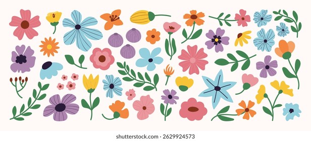 Collection of spring colorful flower elements vector. Set floral of wildflower, leaf branch, foliage on white background. Hand drawn blossom illustration for decor, easter, thanksgiving, clipart.