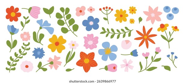 Collection of spring colorful flower elements vector. Set floral of wildflower, leaf branch, foliage on white background. Hand drawn blossom illustration for decor, easter, thanksgiving, clipart.