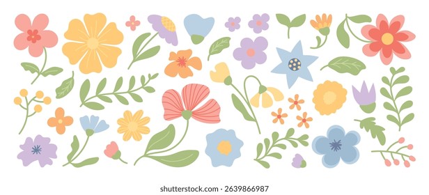 Collection of spring colorful flower elements vector. Set floral of wildflower, leaf branch, foliage on white background. Hand drawn blossom illustration for decor, easter, thanksgiving, clipart.