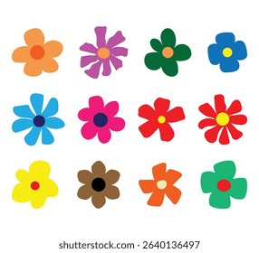Collection spring colorful flower elements vector. Colorful Chamomile daisy flower set. Trendy floral icon illustration For greeting card, poster, banner, social media,  sticker, clipart, print.