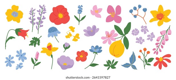 Collection of spring colorful flower elements vector. Set floral of wildflower, leaf branch, foliage on white background. Hand drawn blossom illustration for decor, easter, thanksgiving, clipart.