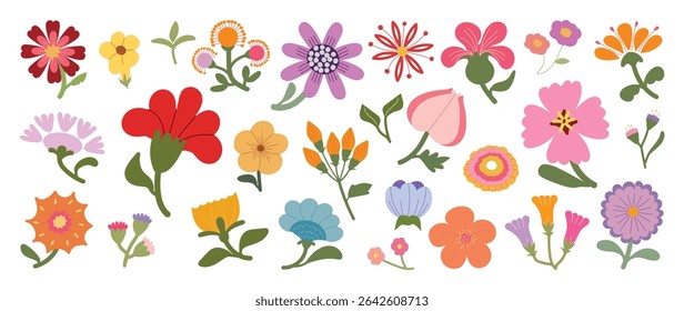 Collection of spring colorful flower elements vector. Set floral of wildflower, leaf branch, foliage on white background. Hand drawn blossom illustration for decor, easter, thanksgiving, clipart.