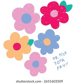 Collection of spring colorful flower elements vector, leaf branch, text on white background. Hand drawn blossom illustration for decor, easter, thanksgivings, clipart.