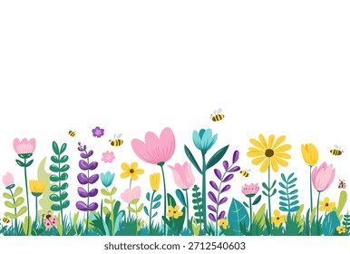 Colección de Elementos de flores de colores de primavera Vector. Frontera floral de flores silvestres, rama de hoja, abejas, follaje sobre fondo blanco. Dibujado a mano ilustración de la flor para la decoración, Pascua, etiqueta engomada, Clipart