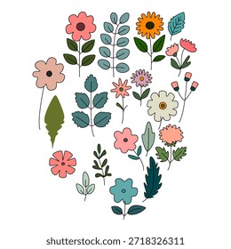 Collection of spring colorful flower elements vector. Set floral of wildflower, leaf branch, foliage on white background.