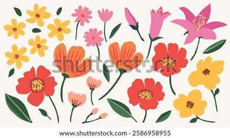 Collection of spring colorful flower elements vector. Set floral of wildflower, foliage on white background. Hand drawn blossom illustration for decor, poster, sticker, clipart, print and pattern.