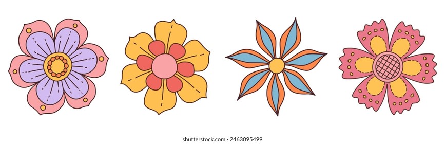Collection of spring colorful flower. Set Trendy groovy wildflower 70s Vintage style isolated on white. Hand drawn blossom doodle illustration. Bright colorful flowers. Retro floral vector design.