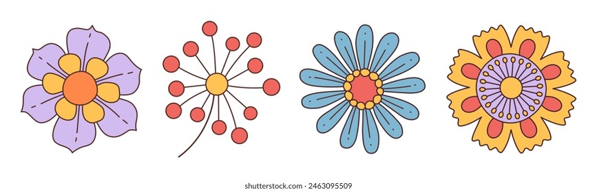 Collection of spring colorful flower. Set Trendy groovy wildflower 70s Vintage style isolated on white. Hand drawn blossom doodle illustration. Bright colorful flowers. Retro floral vector design.