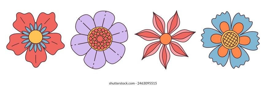 Collection of spring colorful flower. Set Trendy groovy wildflower 70s Vintage style isolated on white. Hand drawn blossom doodle illustration. Bright colorful flowers. Retro floral vector design.