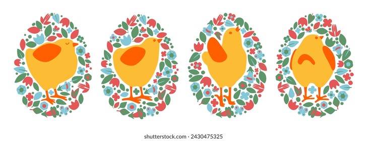 Collection of spring compositions for Easter. Cute chicks and plant elements. Floral background in the shape of an egg. Isolated objects on a white background. Vector