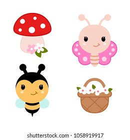 Collection of spring design elements - butterfly, bee, basket with flowers and mushroom. Vector illustration isolated on white background.