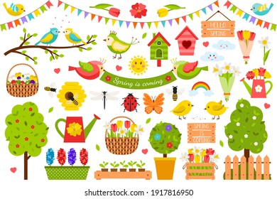 A collection of spring design elements. Cute, bright birds, plants, flowers in a flat cartoon style. Color vector illustration isolated on a white background.