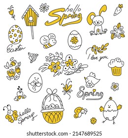 Kollektion von dummen Frühlingssymbole. Ziehe Kinderzeichnungen für Ostern. Set von einfachen Illustrationen mit Blumen, Schmetterlingen, Vogel und Biene. Feierlicher Korb, Eier und hausgemachter Kuchen. Osterhase.