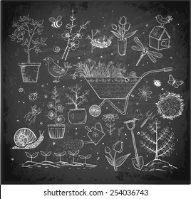 Collection of spring doodle sketch elements: flowers, gardener's tool, bugs, spring trees, bird's nests with eggs.
