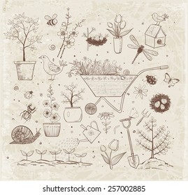 Collection of spring doodle sketch elements: flowers, gardener's tool, bugs, spring trees, bird's nests with eggs.
