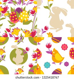 Collection of spring easter seamless patterns with eggs, flowers, chicken and bunny rabbit