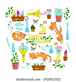 
Collection of spring elements with cats in different poses, set of beautiful spring flowers and compositions, floral vector objects in cartoon style, red fat cat.