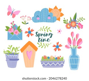 Colección de elementos primaverales. Coloridas etiquetas con flores, postales, mariposas y sobres. Iconos para imprimir en tela o papel. Juego de vectores planos de dibujos animados aislados en fondo blanco