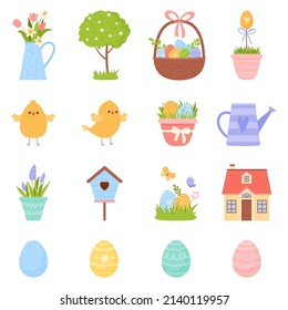 Collection of spring elements. Easter eggs, flowers, chickens, house. Flat cartoon style.