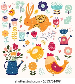 Collection of spring elements. Rabbit, chick, flowers.