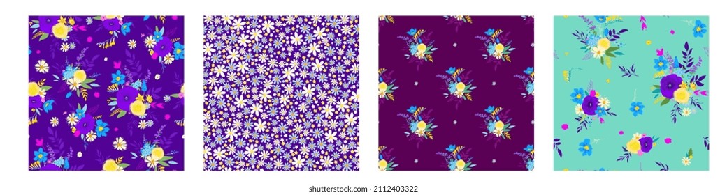 Colección de patrones florales primaverales con tema principal púrpura