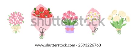 Collection of Spring Flower Bouquets with Red Roses, White Daisies, Pink Tulips, Peonies, and Wildflowers