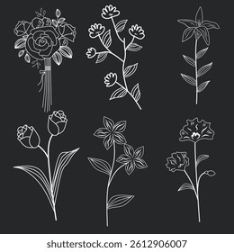 Collection of spring flower elements vector. Set floral of wildflower, leaf branch, foliage on white background. Hand drawn blossom illustration for decor, easter, thanksgiving, clipart.