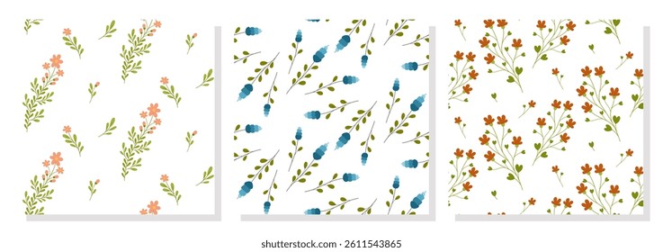 Collection of spring flower patterns. Summer wildflowers flat patterns. Perfect for fabric, textile, wallpaper, decor, print and packaging of products. Vector illustration in simple flat style.