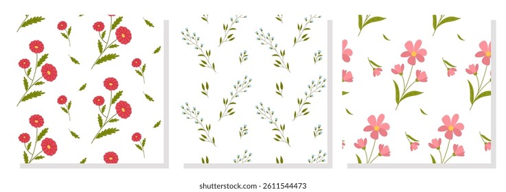 Collection of spring flower patterns. Summer wildflowers flat patterns. Perfect for fabric, textile, wallpaper, decor, print and packaging of products. Vector illustration in simple flat style.