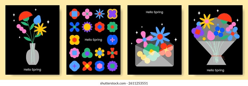 Collection of spring flower poster. 8 March, womens day, mother's day holiday cards set. Bright colorful botanical background, pattern. Modern graphic design elements. Flat style vector illustration.