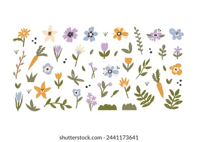 Colección de flores de primavera. Ilustración de estilo plano aislado en el fondo. Colección de dibujos animados florales para Semana Santa, vacaciones, tarjetas, libros para niños y carteles. 